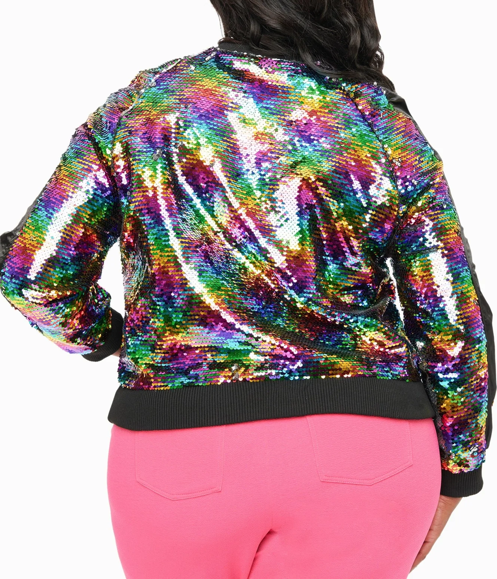 Unique Vintage Plus Size Rainbow Sequin Satin Bomber Jacket