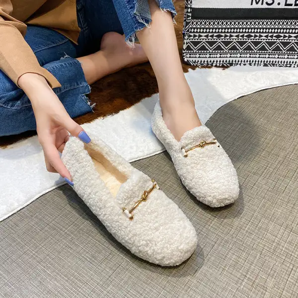 Furry Outer Wearing Flats Loafers Chain Decor Backless  Wild Fluffy Flat Mules Warm