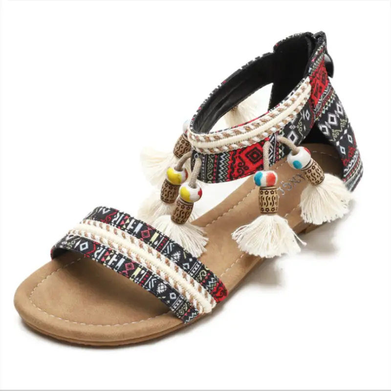 Bohemian Wedge Sandals Women European and American National Style Summer Open Toe Pendant Beads Tassel Travel Roman Sandals