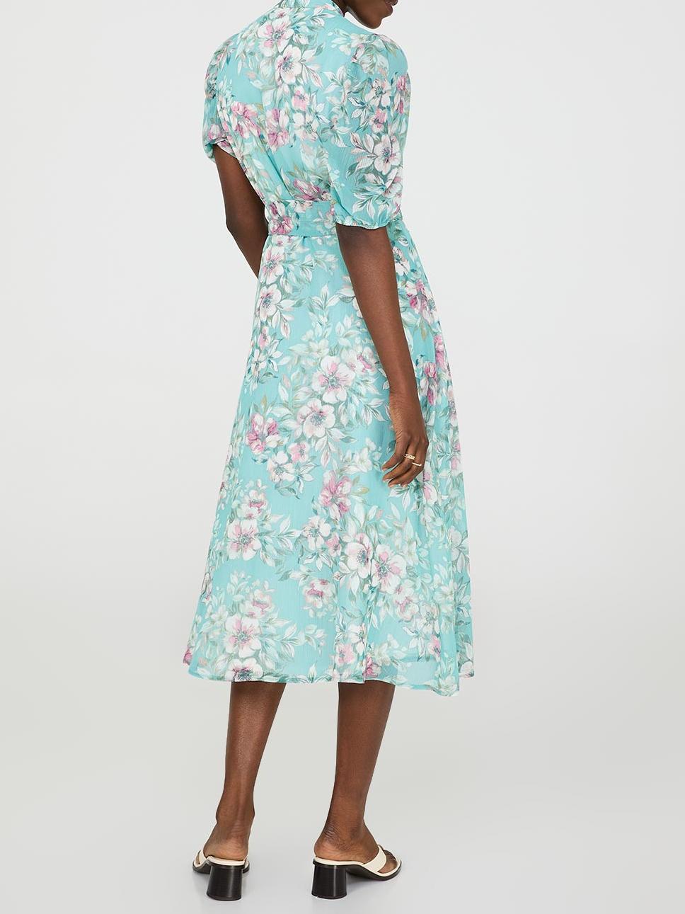 Floral Print Split Neck Dress With Balloon Sleeves