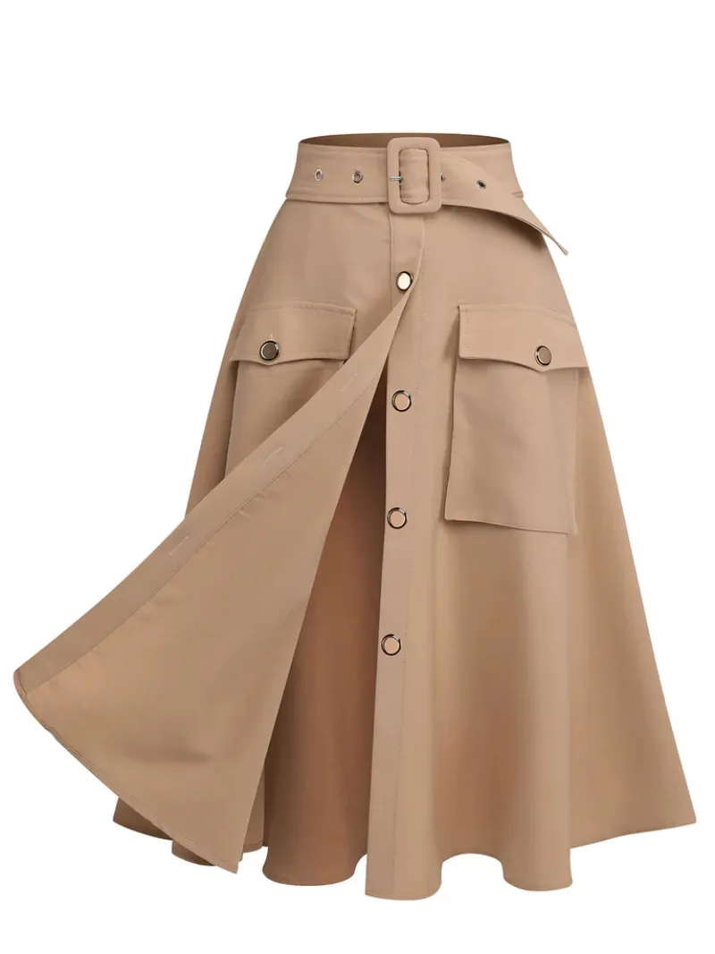 KHAKI 1950S BIG POCKETS BUTTON SKIRT