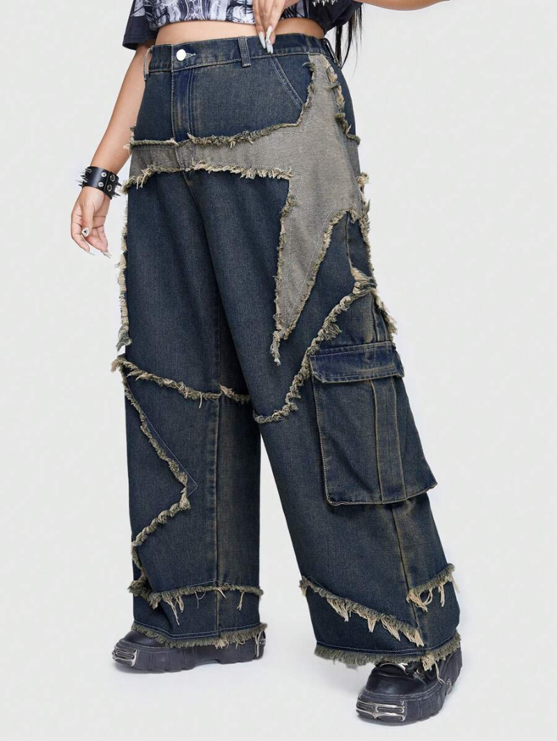 Grunge Punk Women's Plus Size Cargo Pocket Denim Trousers