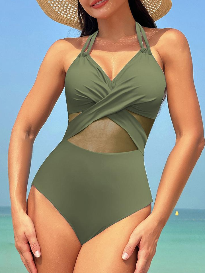 One-piece swimsuit for women solid color mesh bikini swimsuit