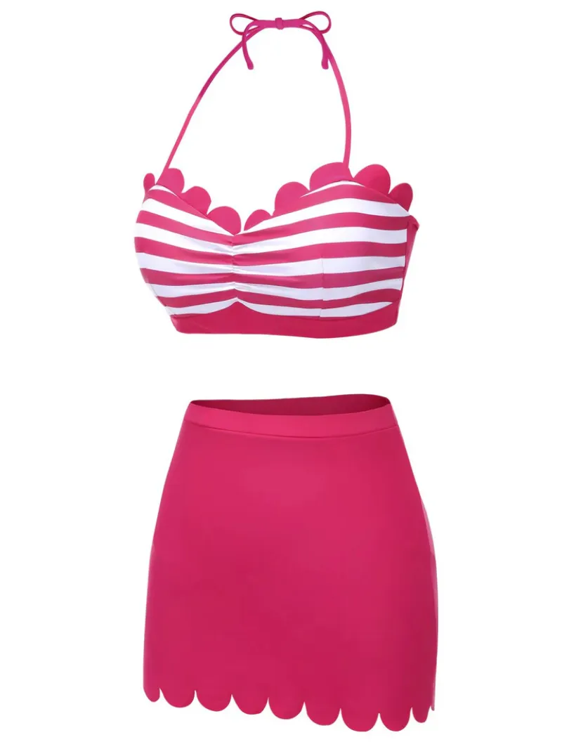 ROSE PINK 1960S STRIPES HALTER BIKINI SET