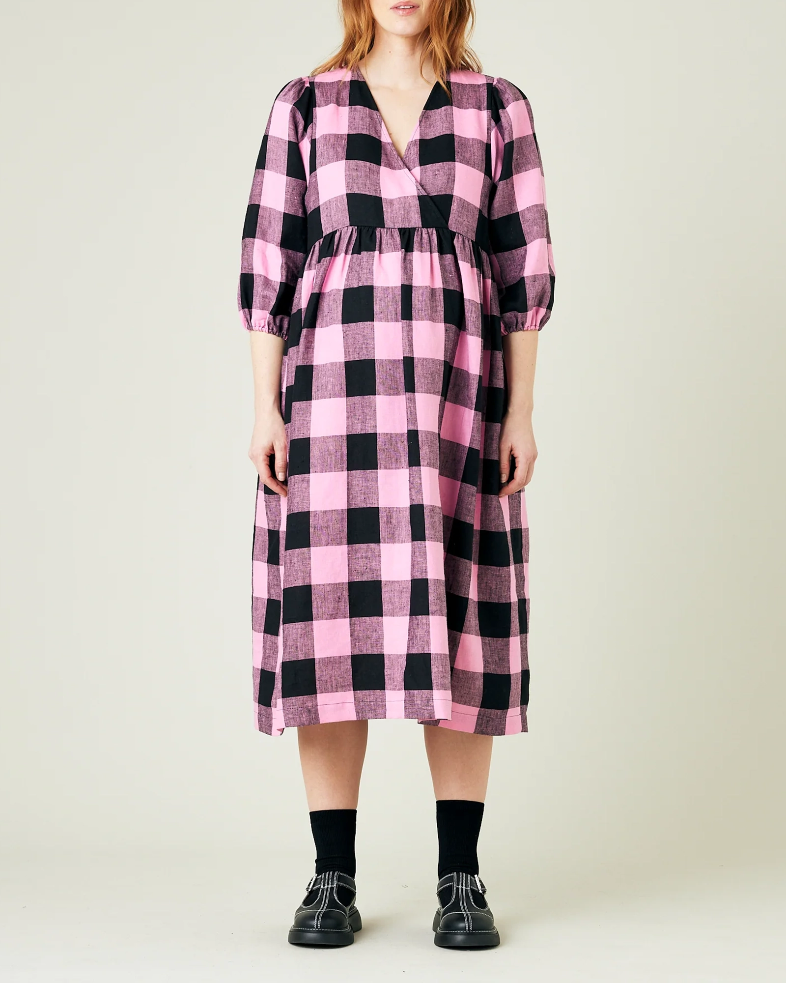 ABBIE PINK & BLACK MEGA CHECK LINEN DRESS