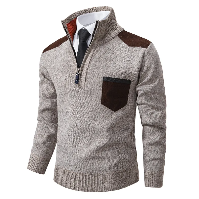 Men's Retro Zipper Stand Collar Contrast Color Pullover Sweater