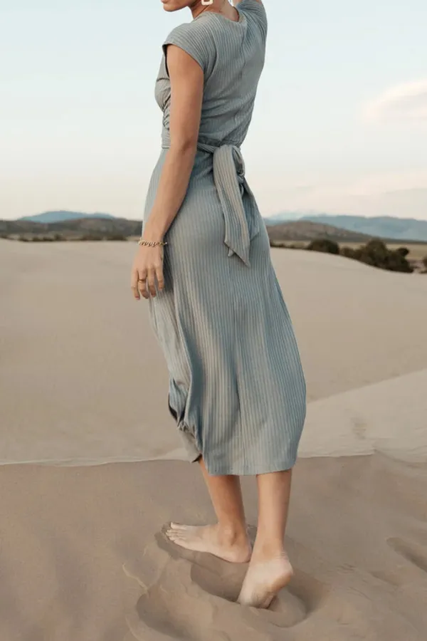 VAEDA RIBBED TIE DRESS IN SLATE BLUE