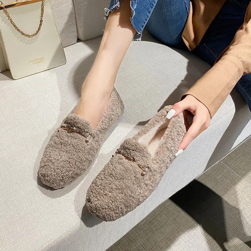 Furry Outer Wearing Flats Loafers Chain Decor Backless  Wild Fluffy Flat Mules Warm