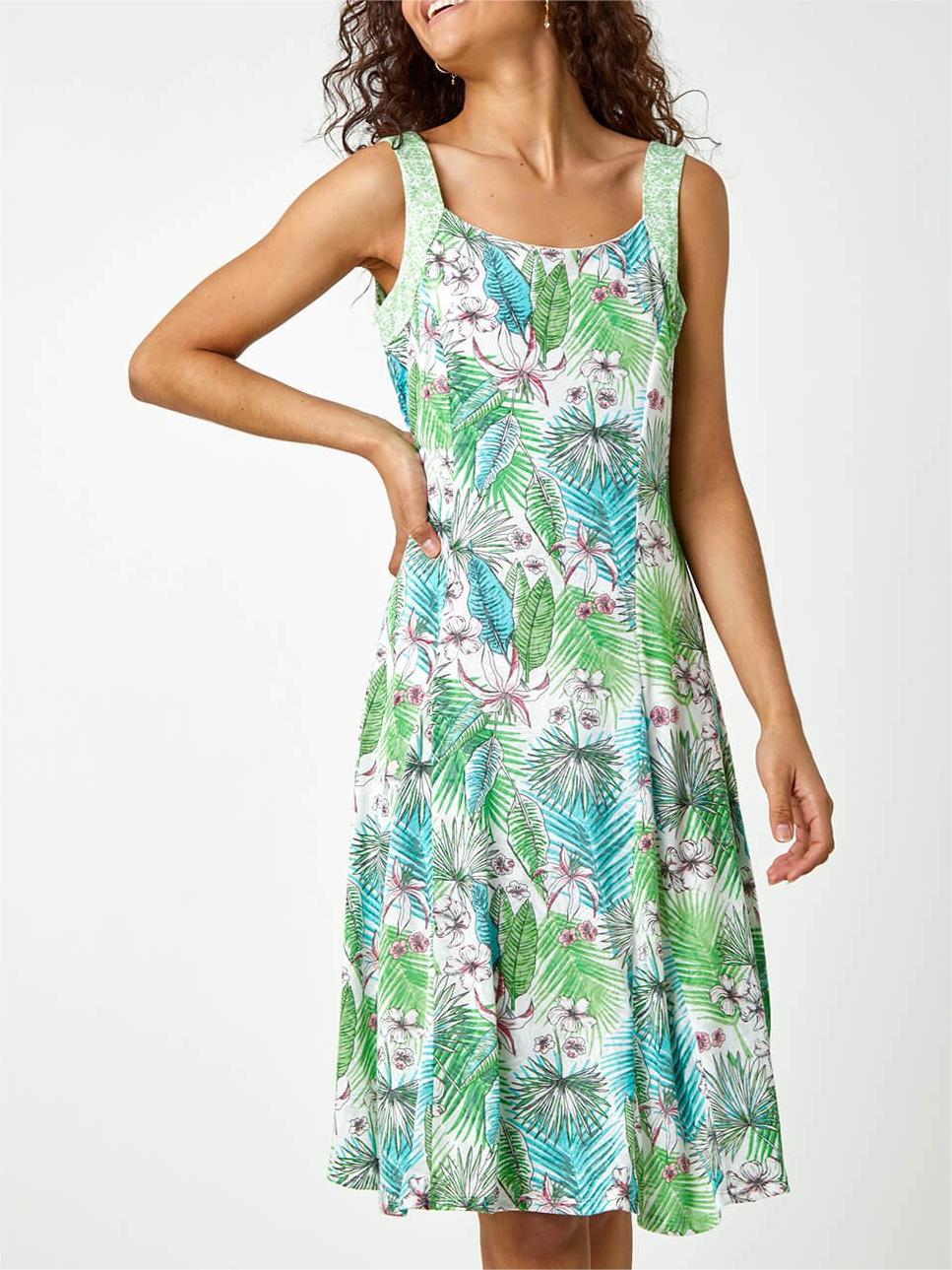 Green Tropical Fit and Flare Dress