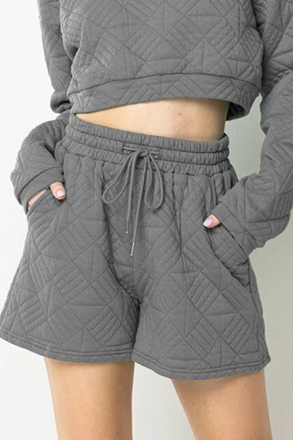 GREY QUILTED CROP TOP AND SHORTS SETS