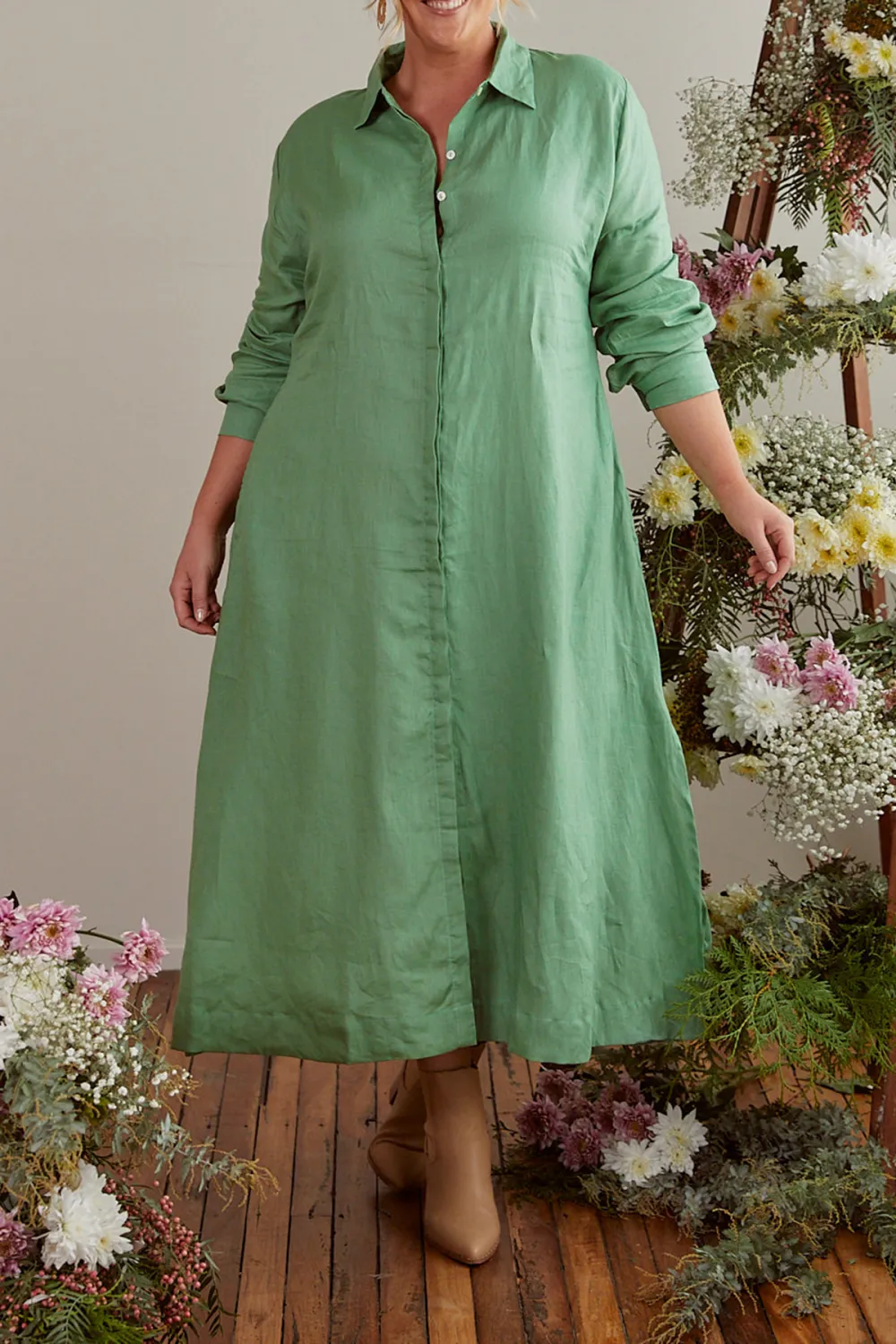 Gracie Long Sleeve Linen Dress in Jadesheen