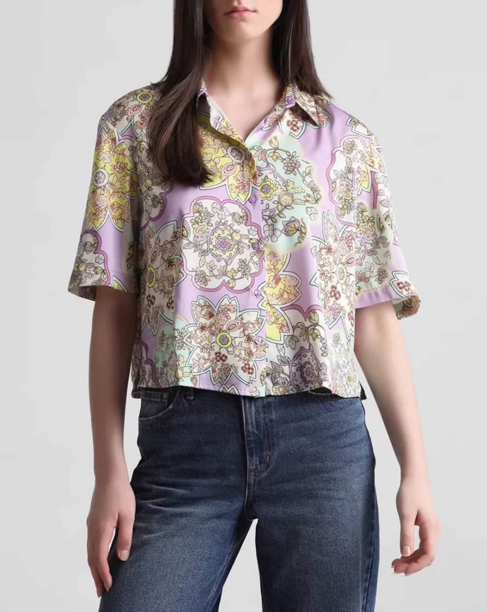 Lavender Floral Print Satin Shirt