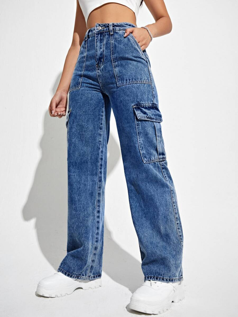 High Waisted Flap Pocket Cargo Jeans