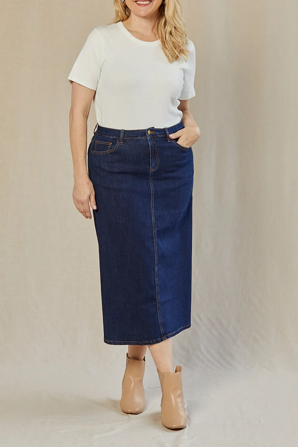 Adrift Denim A-Line Skirt in Mid Wash