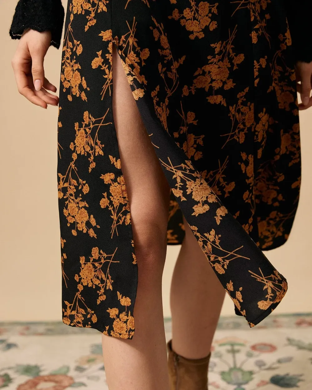 Yellow and black floral print skirt