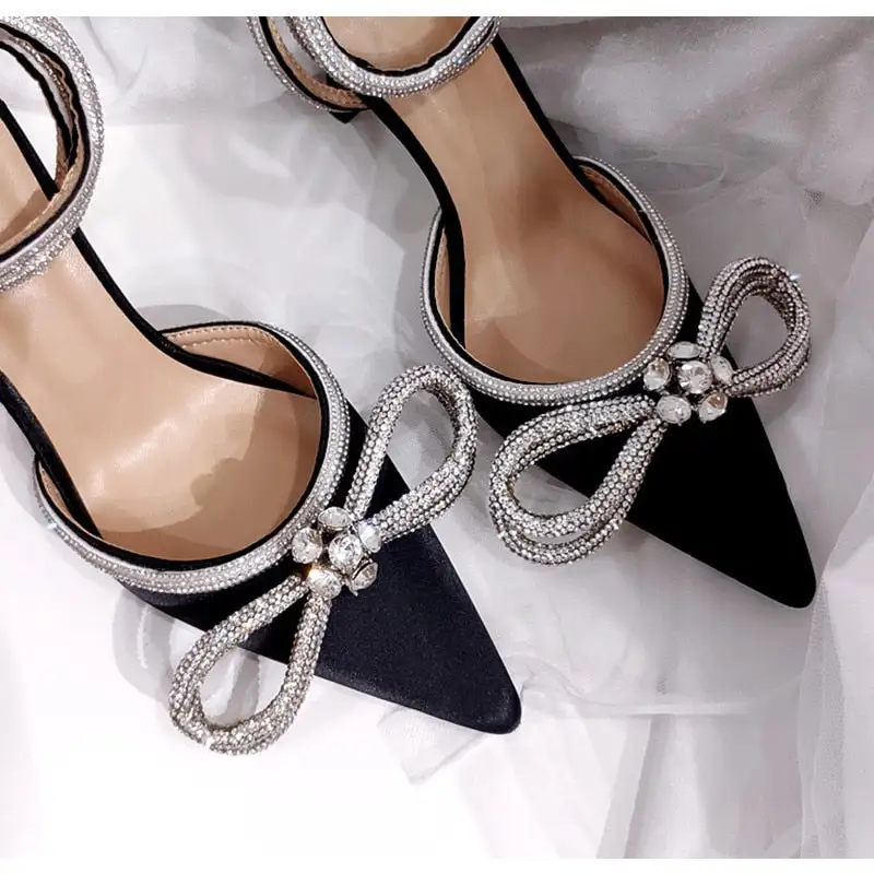 Women's Rhinestone Ankle Strap Pumps Satin Pointy Stilettos  Heeled Sandals