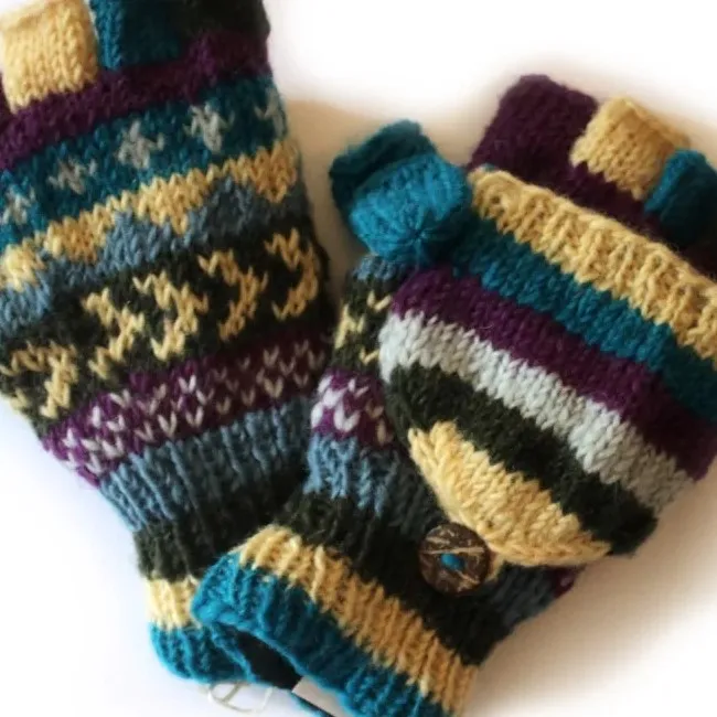 winter stripe fingerless gloves with mitten flap