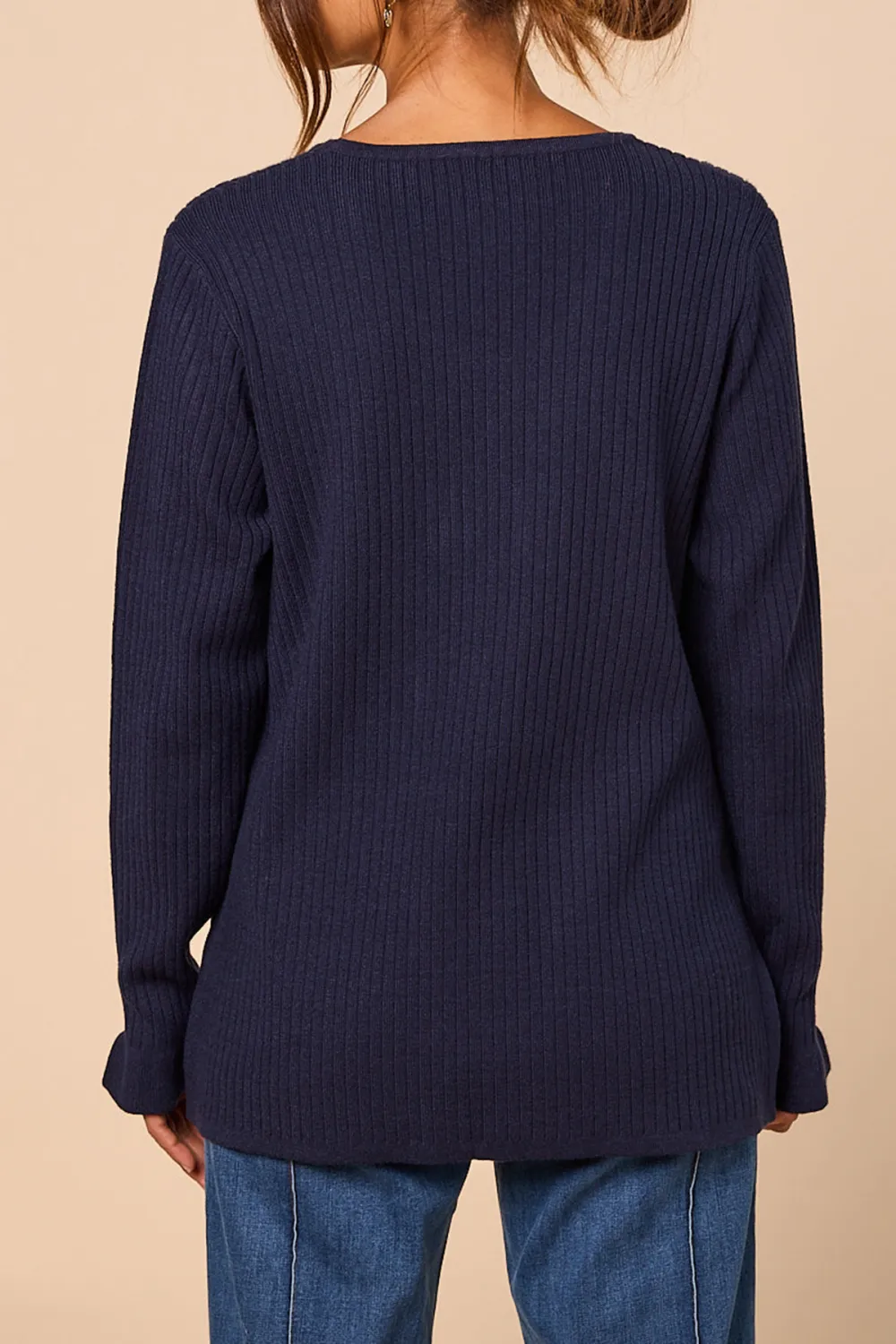 Long Sleeve Knitted Top In Navy