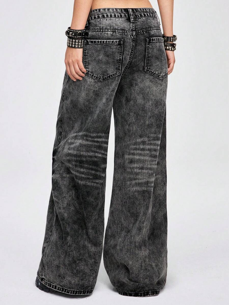 Grunge Punk Grunge Style Vintage Snow Washed Wide Leg Jeans For Women, Streetwear