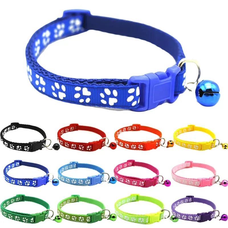 Pet Cat Collar Cute Paw Print Cat Bell Collar Adjustable Nylon Ribbon Collar for Cats Small Dogs Puppy Neck Strap