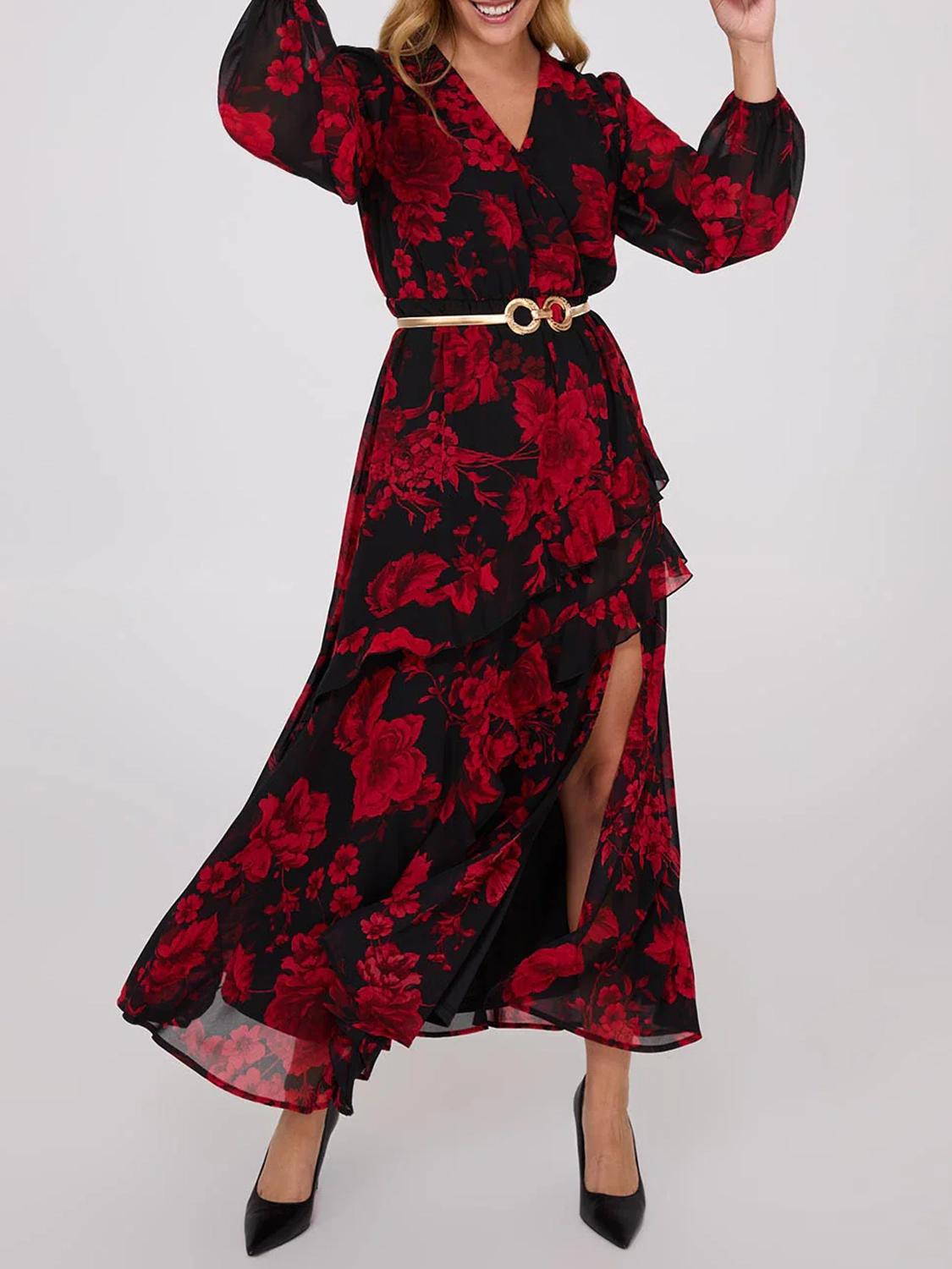 Chiffon Floral Print Ruffle Skirt Maxi Dress