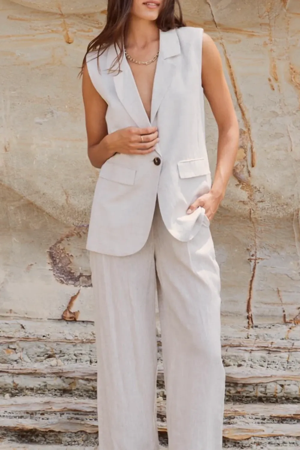 Vancouver Natural Linen Viscose Longline Vest