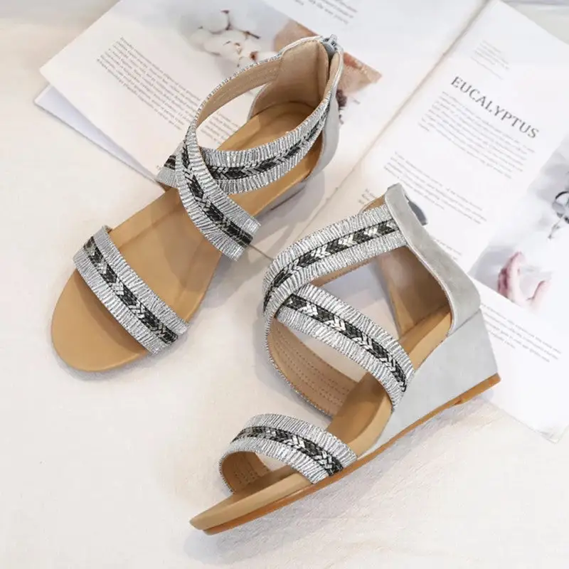 Bling Women Shoes Platform Sandals Cross Strap Wedge Cover Heel Gladiator Rome Bohemian Travel Footwear Outdoor Beach Sandals