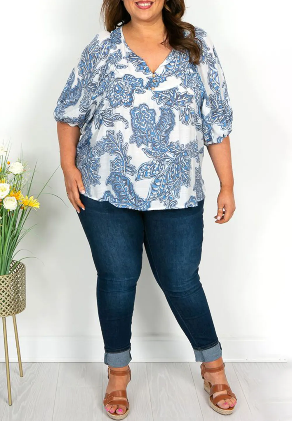 White and Blue Floral Button Top