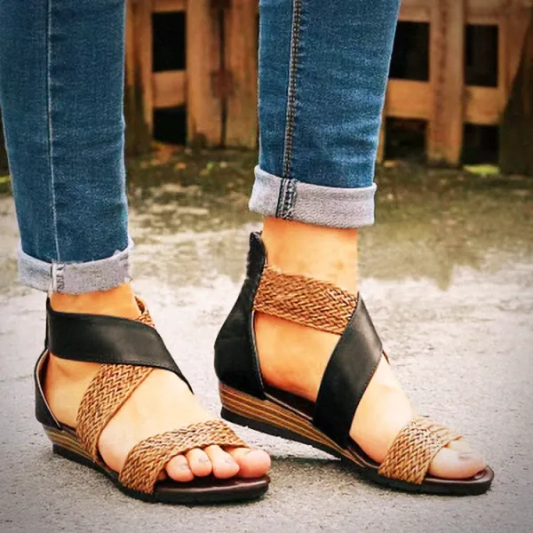 Cilool Woman Rome Hemp Wedges Ladies Zippers Sandals