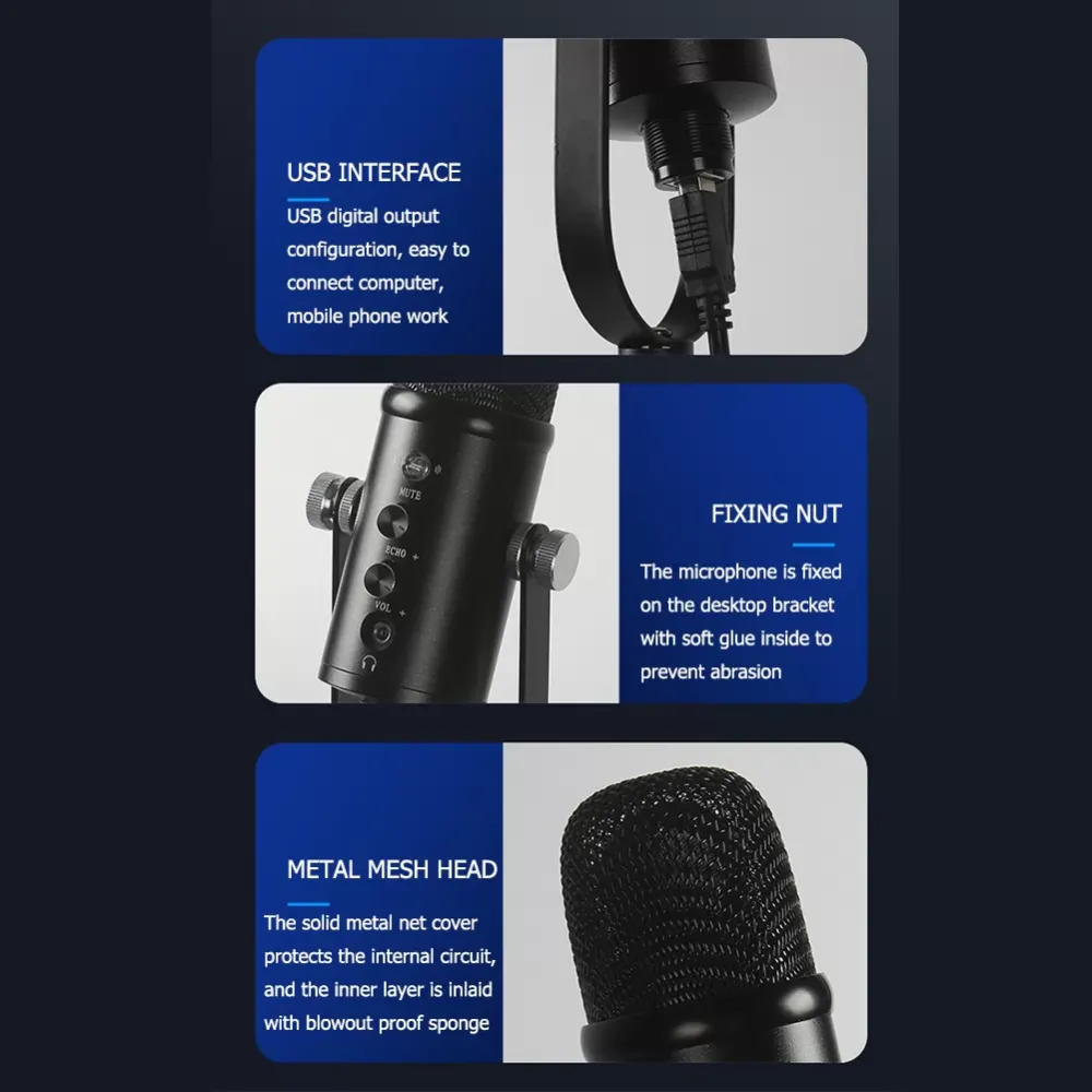 USB Microphone Kit PC Streaming Condenser Mic with Stand Boom Arm Blowout preventer,360°Rotating bracket, one button mute