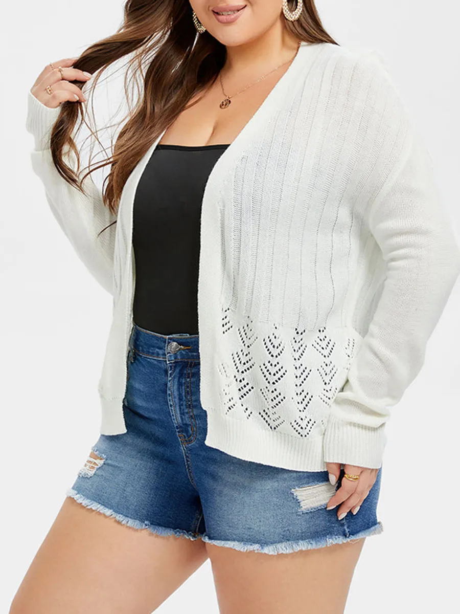 Pointelle Knit Drop Shoulder Open Front Cardigan