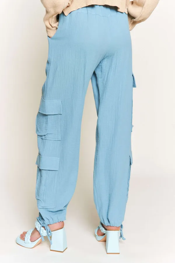 DUSTY BLUE LINEN WIDE LEG CARGO PANTS