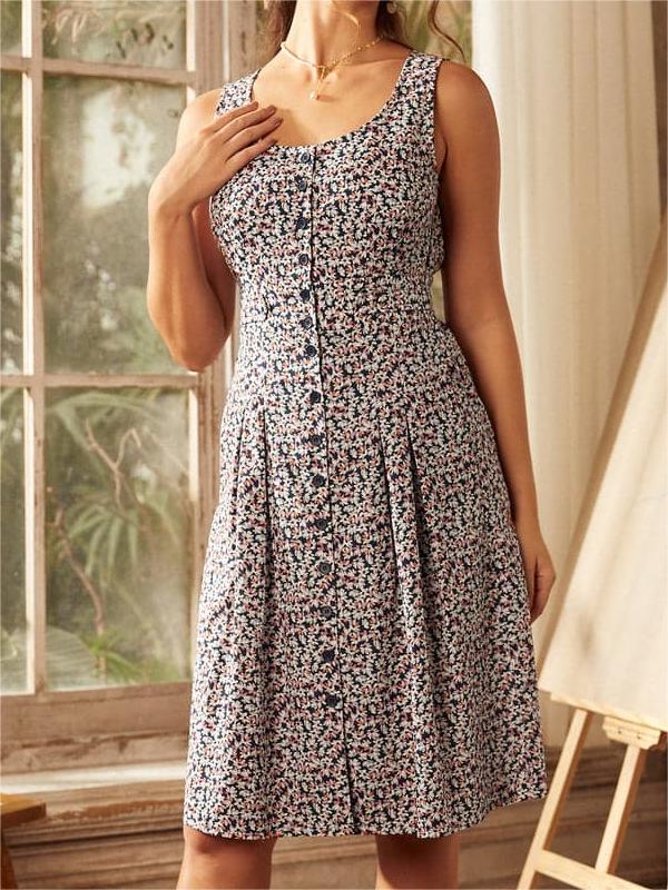 Floral Printed Button Down Sleeveless Dresses