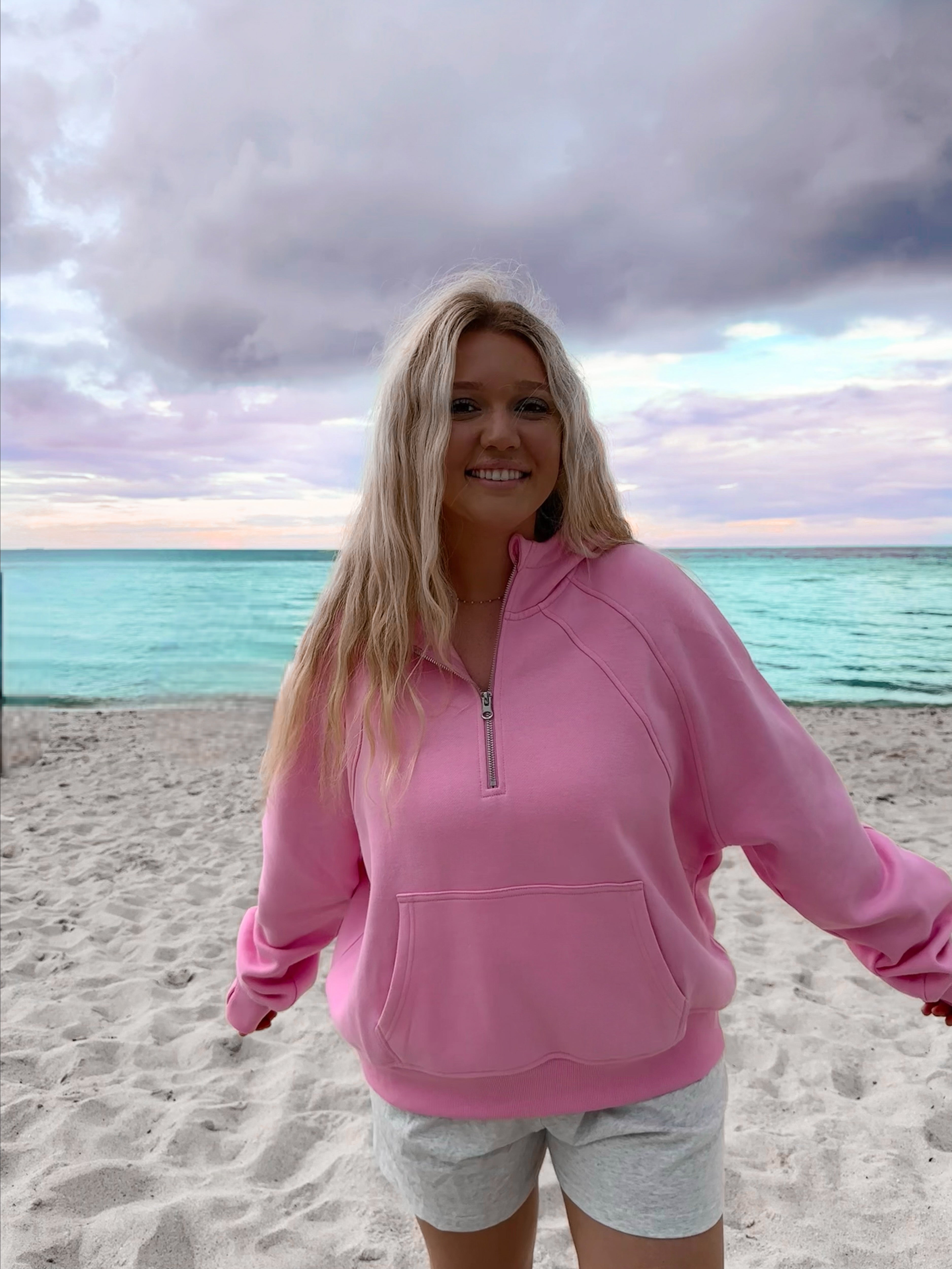 Sweet Pea Pink Pilates Detailed Waist Length Quarter Zip Hoodie