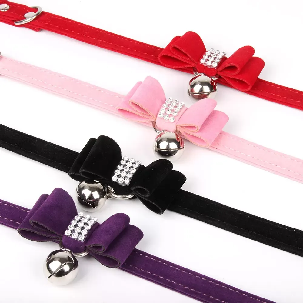 Pet Collar Dog Chain Velvet Elegant Diamond Bow Tie Cattie Collar With Bell