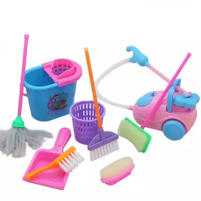 Free Shipping 9pcs/set Mini Cleaning Set Doll House Decoration Home Furniture Furnishing Cleaning Cleaner Kit For Doll House