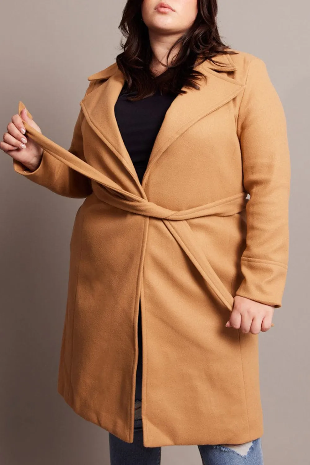 Beige Long Belted Wrap Coat