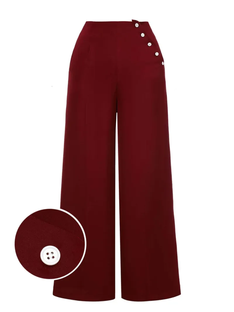 RED 1950S BURGUNDY BUTTON WIDE LEG PANTS