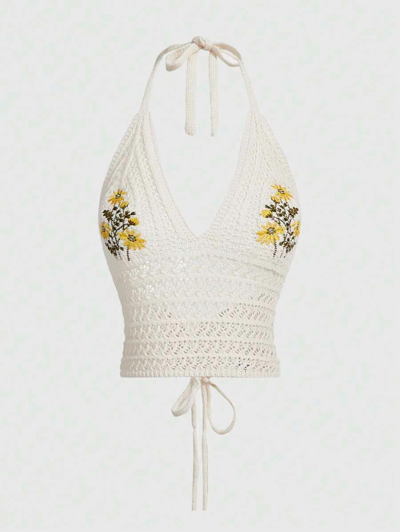 Fairycore Summer Crochet Beach Daisy Embroidery Halter Knit Top