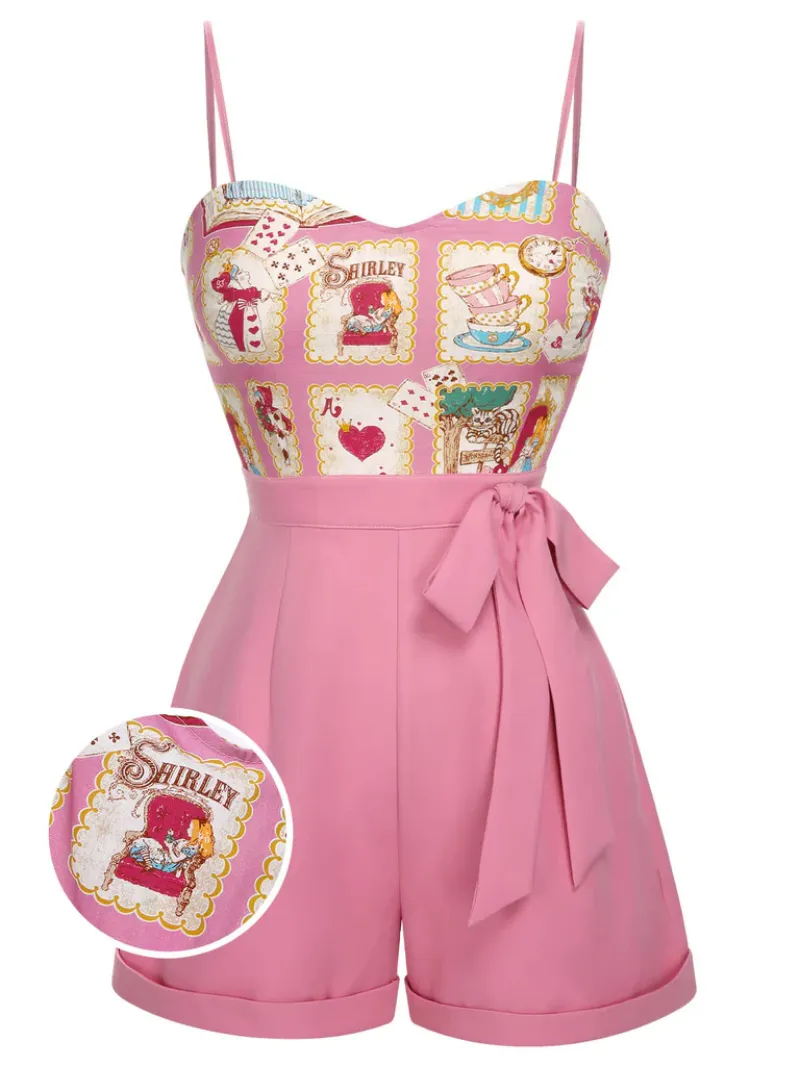 PINK 1950S CARTOON PATTERN SPAGHETTI STRAP ROMPER