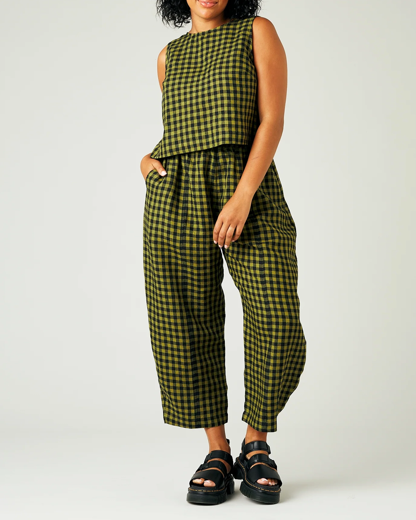 GREEN GINGHAM LINEN TOP