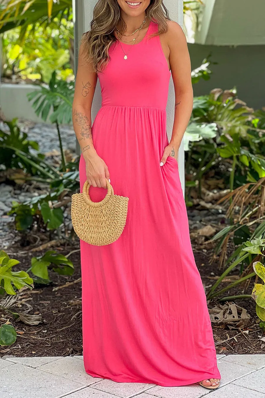 Coral Racerback Maxi Dress With Pockets