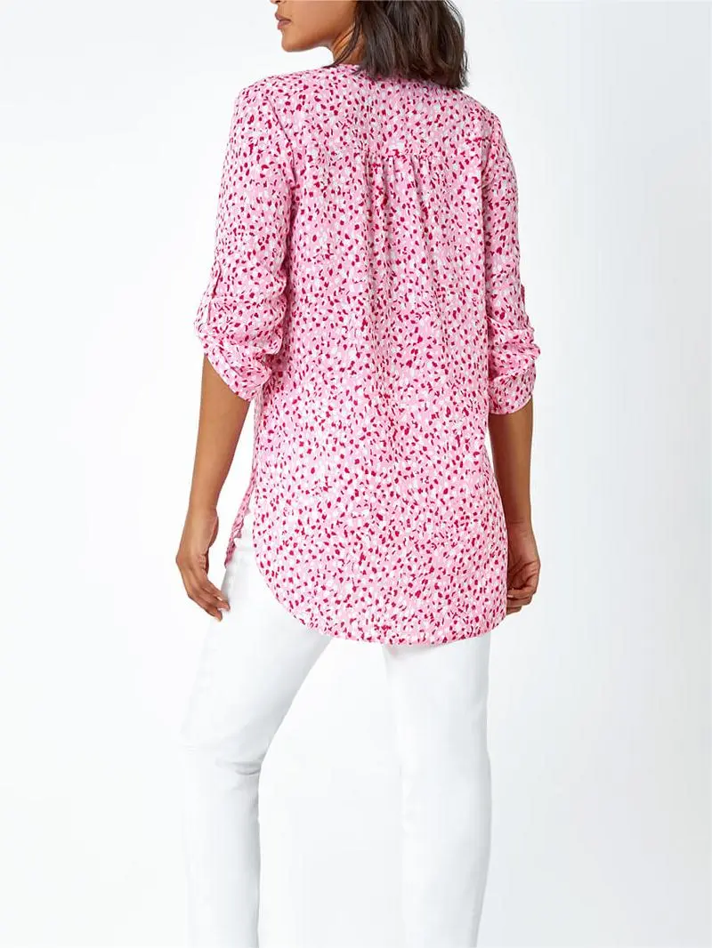 Pink Print Button Up V-Neck Blouse