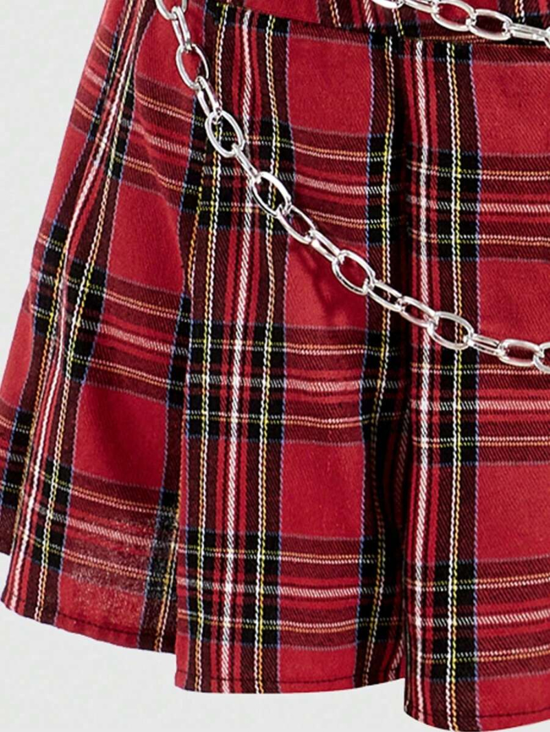 Grunge Punk Plus Size Plaid Pattern Chain Detail Pleated Skirt