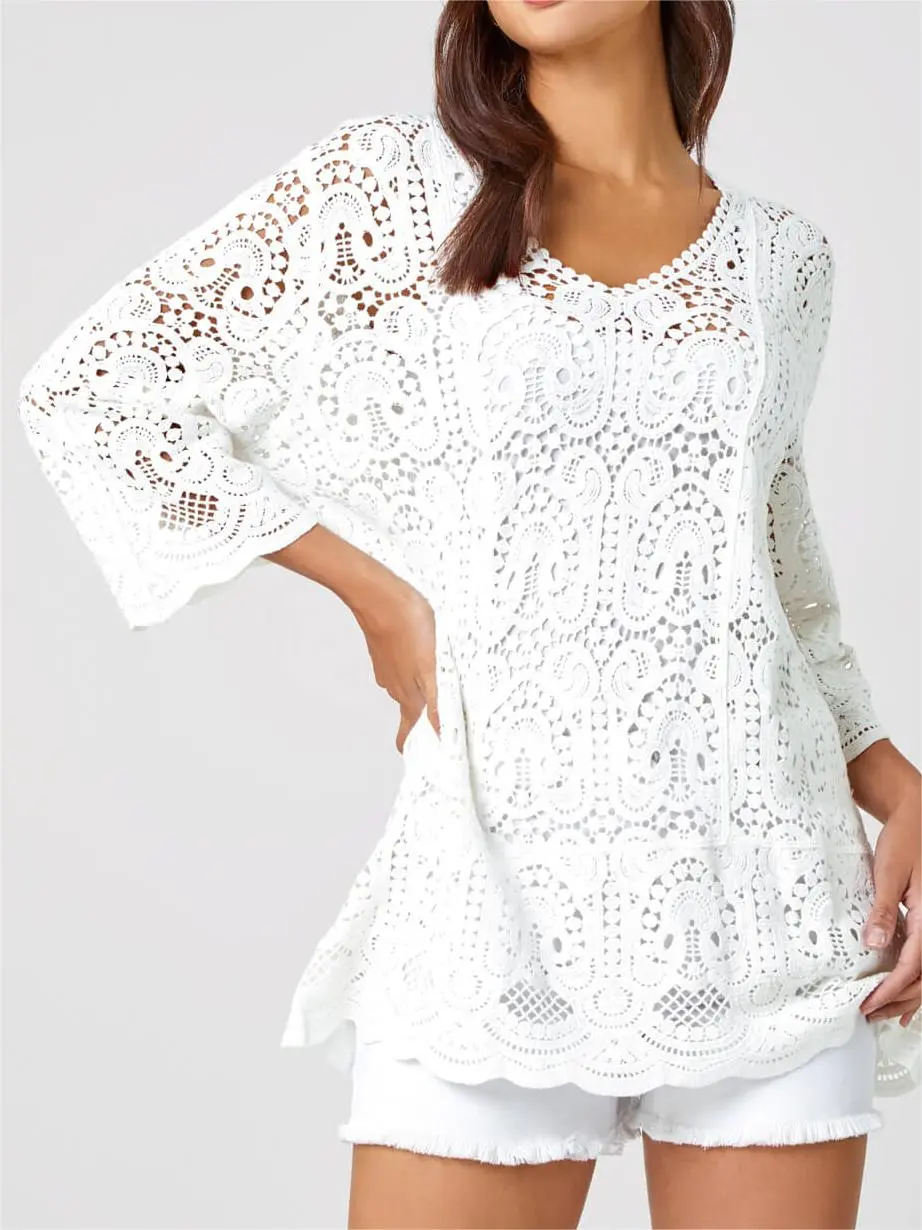 White Cotton Crochet Tunic Top