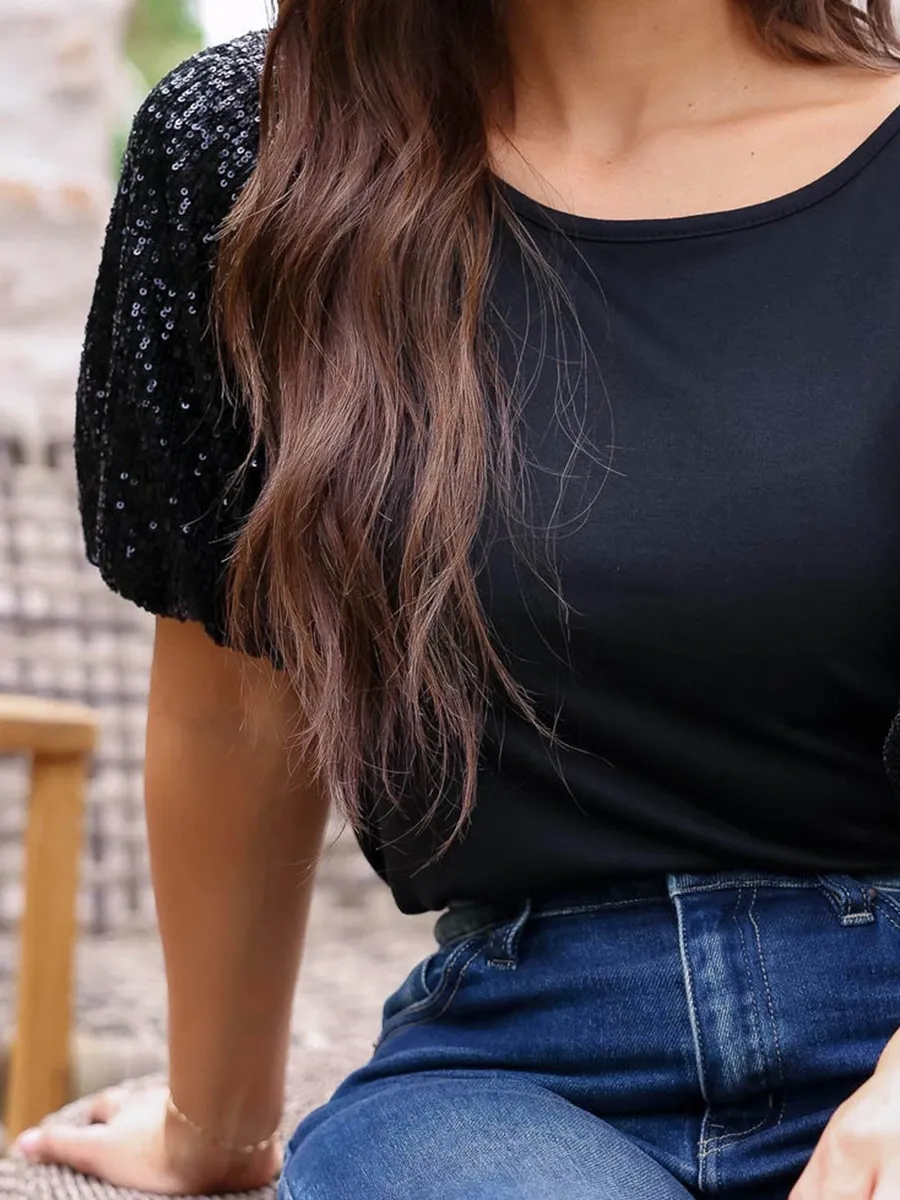 Sequin Bubble Sleeves Round Neck T-shirt