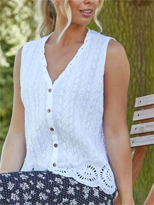 White Eyelet Detail Embroidered Crinkle Blouse