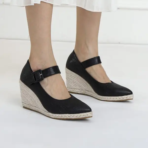 European Hemp wedges high heels shoes women sandals summer buckle belt mary janes talons pointed toe sequined cloth pumps woman