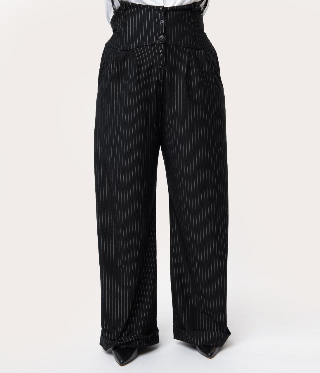 Unique Vintage Plus Size 1930s Black & White Pin Stripe Thelma Suspender Pants