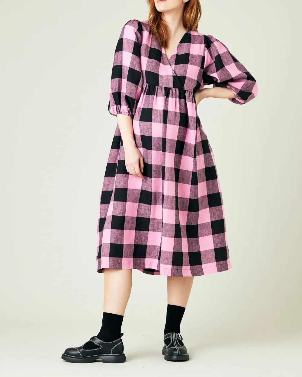 ABBIE PINK & BLACK MEGA CHECK LINEN DRESS